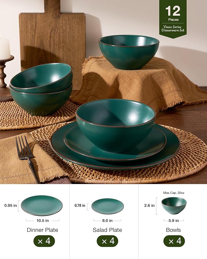 Famiware Venus 12-Piece Plates and Bowls Sets for 4, Stoneware Dinnerware Set with Trim, Modern Minimalist Dishes for Everyday & Formal Use, Chip Resistant, Microwave/Dishwasher Safe, Matte Dark Green