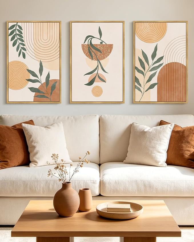 KUVIOKE Boho Wall Art Framed Botanical Mid Century Modern Wall Printing Neutral Abstract Geometric Prints Bohemain Sage Decor for Farmhouse Living Dining Room 16x24in (Natural Framed)
