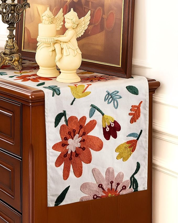 Canvas Embroidered Table Runner - 13"x 108" Coffee Table Runner for Living Room Tablerunner for Dining Room Washable Colorful Kitchen Island Counter Decor Housewarming Gift, Colorful Flower