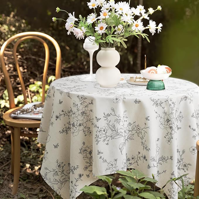 Floral Square Tablecloth 55x55 Inch Linen Table Cloth with Black Flowers Pattern Burlap Textured Farmhouse French Rustic Vintage Outdoor Table Cover for Picnic,Dining,Party,Home Decor