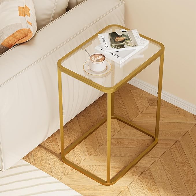 Garden 4 you Glass Side Table, Rectangle End Table with Metal Frame, Modern Bedside Table for Office, Bedroom, Living Room, Study, Small Spaces, Easy Assembly, 15.75 * 11.81 * 20.87 Inches, Gold