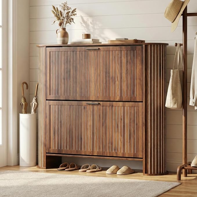 Narrow Shoe Storage Cabinet for Entryway, Slim Fluted Shoe Cabinet with 2 Flip Drawers, Wood Hidden Shoe Rack Organizer for Entry Way, Entrance, Foyer, Hallway, Walnut, Wooden, Thin