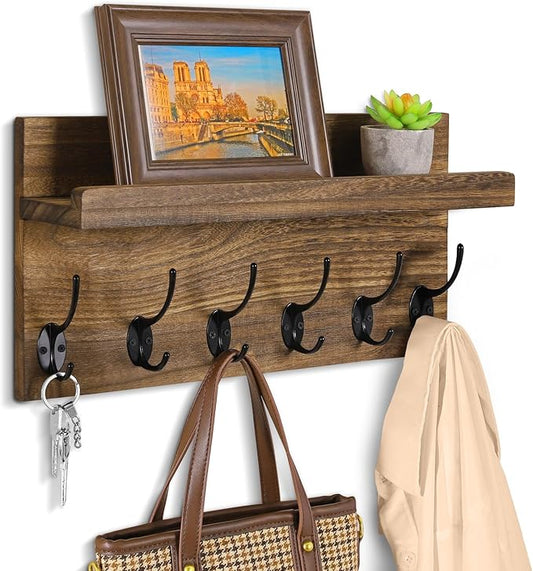 HRONRAD Coat Rack Wall Mount, 17” Wooden Key Holder for Wall, Farmhouse Shelf with Hooks for Hats Towels Clothes, Home Decor for Entryway, Bathroom, Kitchen, Rustic Brown
