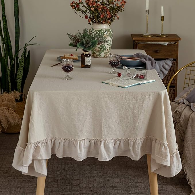 GLORY SEASON Retro Farmhouse Ruffle Tablecloth Cotton Flounces Trim Washable Table Cover Tablecloths for Rectangle Table Baby Shower Kitchen Party Wedding Decor 60''x84''