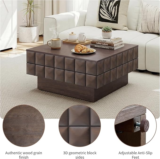 LKTART 31.89" Square Coffee Table with Hidden Storage, Mid-Century Modern Center Table with 3D Sculpted Texture, Lift-Off Flip Top Coffee Tables for Living Room Blankets & Pillows, Real Wood Veneer