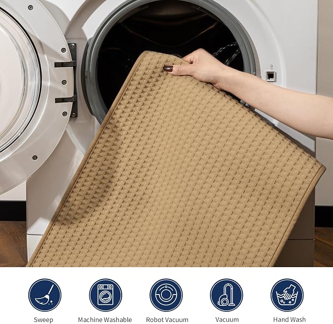 YIHOUSE Waffle Ultra Thin Bath Mat, Soft & Absorbent Bathroom Rug, Non-Slip Rubber Backed, Quick Dry Shower Mat, Boho Farmhouse Bathroom Decor, Machine Washable, Khaki, 17 * 24 (U-Shape)