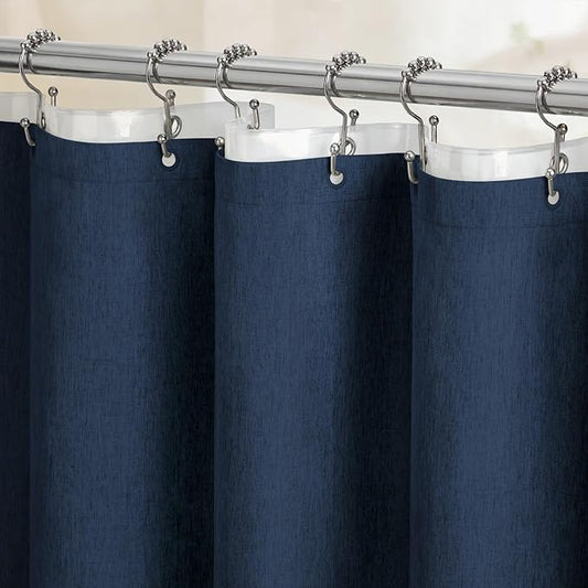 BTTN 3 in 1 Shower Curtain with Liner - 96 Inch Extra Long Linen Textured Fabric Shower Curtain Set with Plastic Hook, Tall Modern Heavy Duty Waterproof Shower Curtain for Bathroom, Navy Blue, 72x96