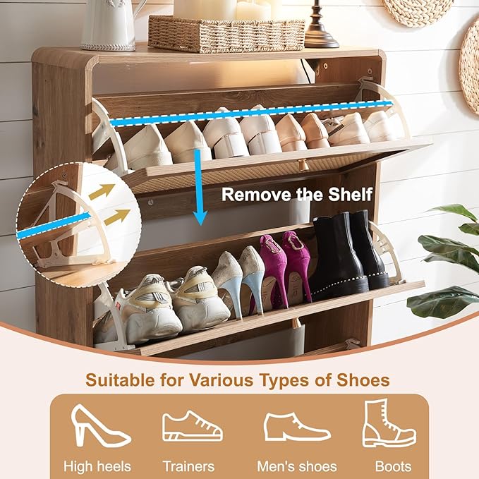 Rattan Shoe Cabinet, Slim Shoe Storage Cabinet for Entryway, 9.5" Narrow Flip Down Shoe Rack with 3 Drawers & Curved Corners, Freestanding Hidden Shoe Organizer, Natural Boho Style