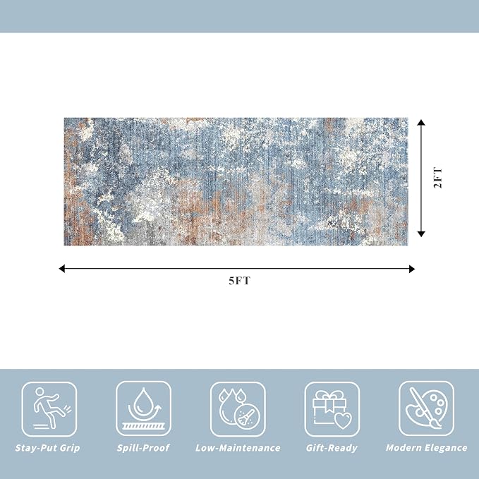 2x5 Washable Kitchen Rug Runner – Non-Slip Abstract Modern Neutral Small Rug for Bathroom, Hallway, Bedroom, Laundry Room, Entryway – Soft Low-Pile Thin with Rubber Backing (Blue Rust, 2x5)