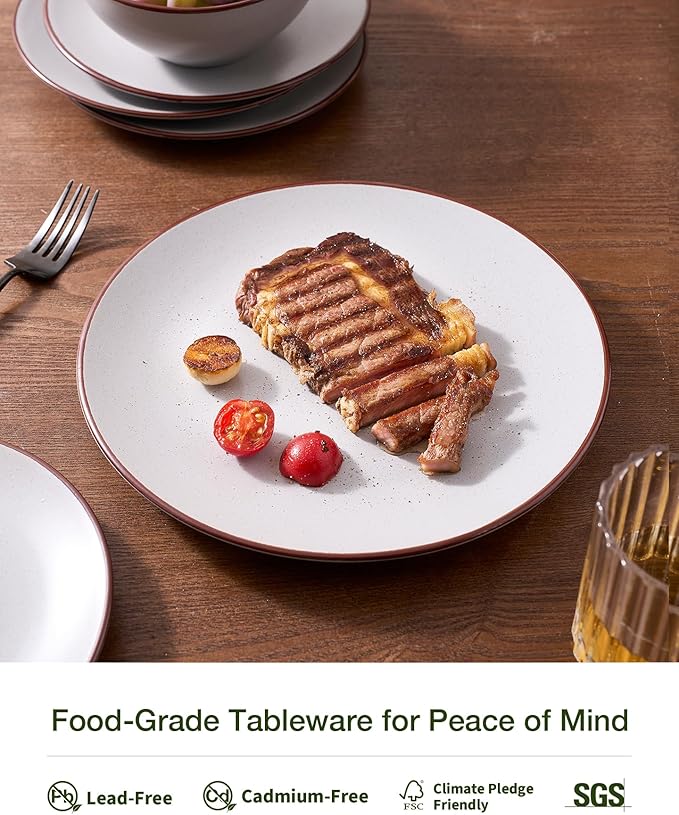 Famiware Venus Speckled Dinnerware Set, 24-Piece Stoneware Dishes for 6, Matte Light Gray - Includes Pasta Bowls & Dinner Plates for Everyday Meals or Formal Dining, Microwave & Dishwasher Safe