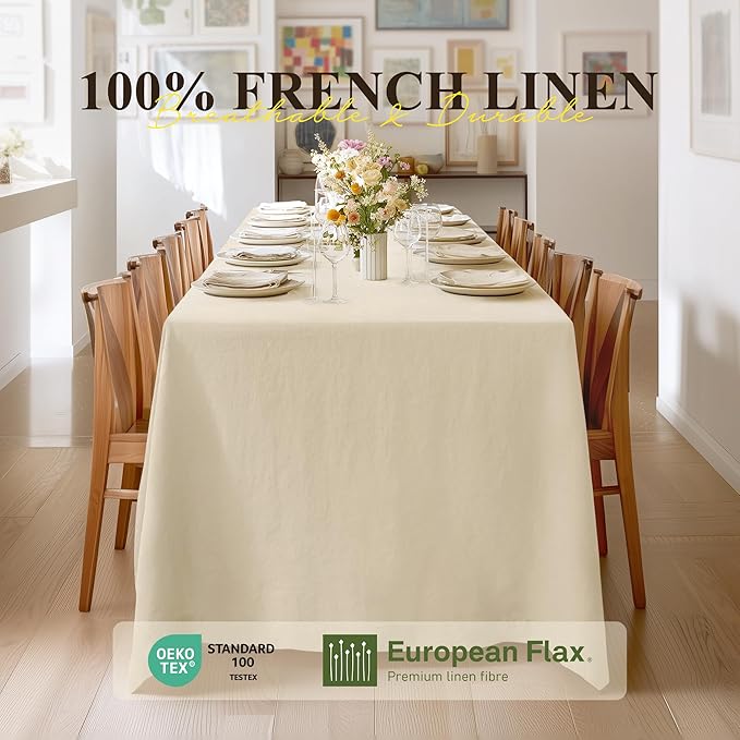 Linen World Linen Tablecloth - 100% French Linen Table Cloth 90" x 132" Inch,Washable Rectangular Tablecloth for Dining,Outdoor,Weddings and Restaurants,Decorative Thanksgiving Christmas,Sand Beige