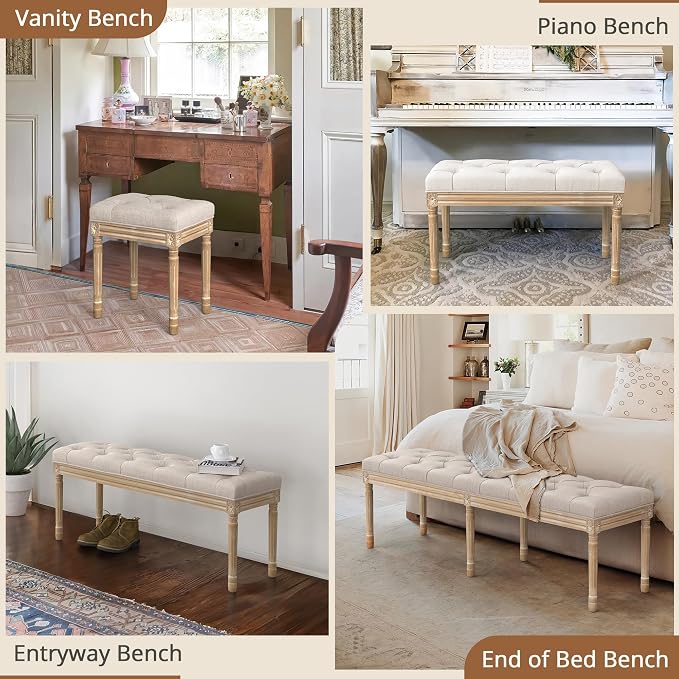 LUE BONA 60" Fabric End of Bed Bench, Upholstered Tufted French Bedroom Bench with Carved Legs for Bedroom End of King Size Bed, Living Room, Linen
