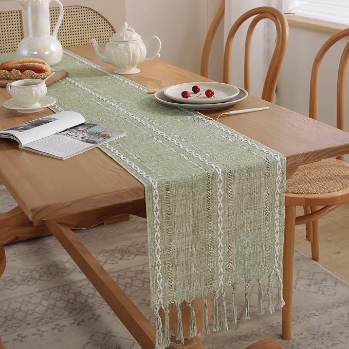 Yicorgard Farmhouse Table Runner Rustic Style 13“ x 90”, Braided Striped Linen Fall Table Runner 90 Inches Long with Tassels for Dining Room Kitchen Reading Dresser Décor,Green
