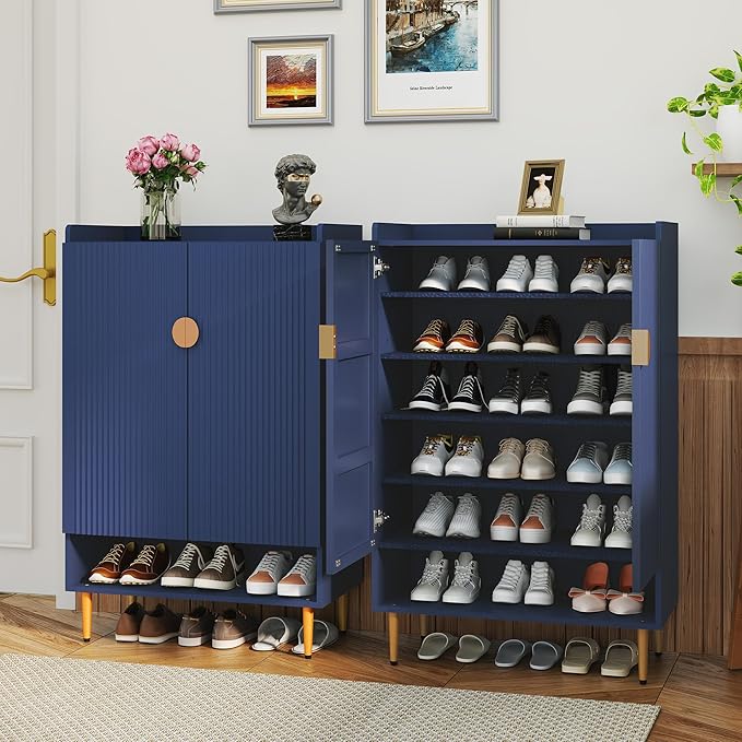 HLR Shoe Cabinet Storage for Entryway, 6-Tiers Modern Shoes Cabinet with Fluted Doors, Wood Shoes Rack with Adjustable Shelves, Shoe Organizer for Front Door Entrance, Living Room, Blue