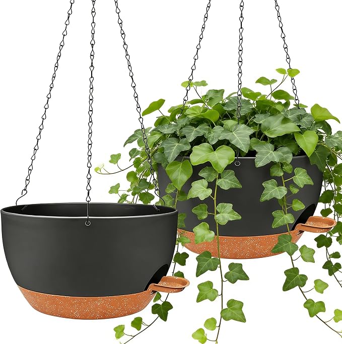 12" Self Watering Hanging Planters with Chains, Black Brown，2 Pack | 43 Oz removable self-watering reservoir, for indoor/outdoor plants, patio & garden