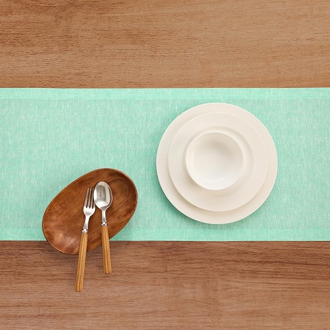 Solino Home Linen Table Runner 72 Inches Long - Athena, 100% Pure Linen Chambray Aqua Dining Table Runner 14 x 72 Inch for Summer