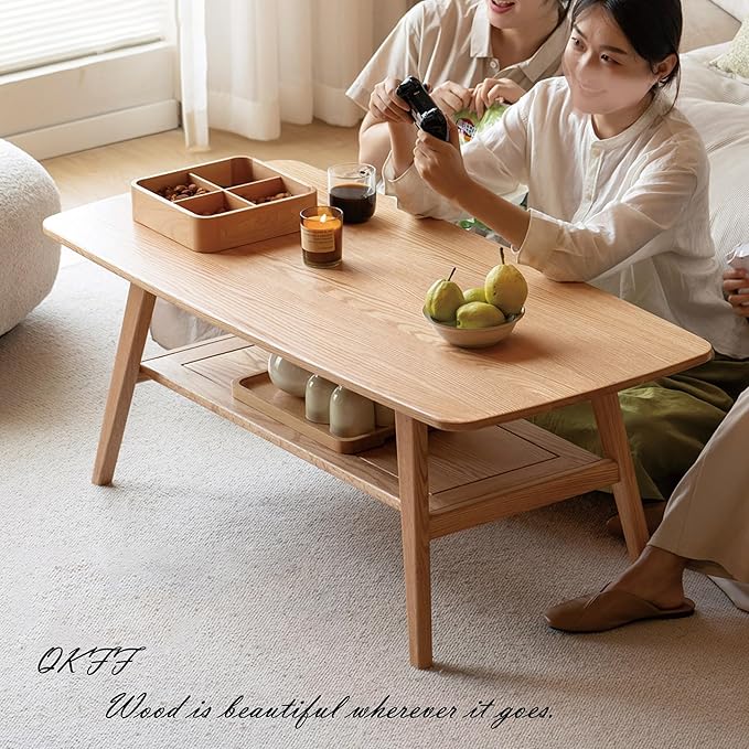 Modern Solid Oak Wood Coffee Table, 2-Tier Small Wooden Coffee Table with Storage Shelf for Living Room, Apartment, Office, Natural (32''D x 20''W x 18''H)
