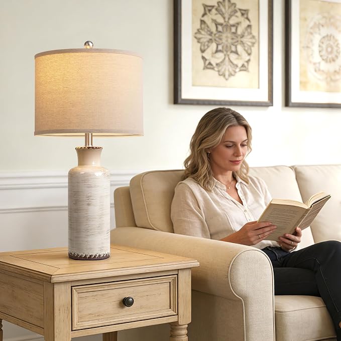 QiMH 25" Modern Lamps for Living Room, Unique Flowing Glazes Ceramic Table Lamp Set of 2 with Linen Lampshade, Beige Rustic Farmhouse Beside Lamps for Bedroom Nightstand Home Decor(Bulb Included)