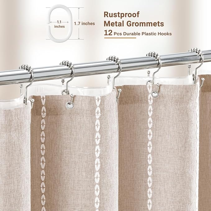 BTTN 3 in 1 Shower Curtain with Liner, 78 Inch Long Boho Linen Striped Cloth Shower Curtain Set with Hook, Farmhouse Bohemian Country Waterproof Fabric Shower Curtain for Bathroom, Tan/Taupe, 72x78