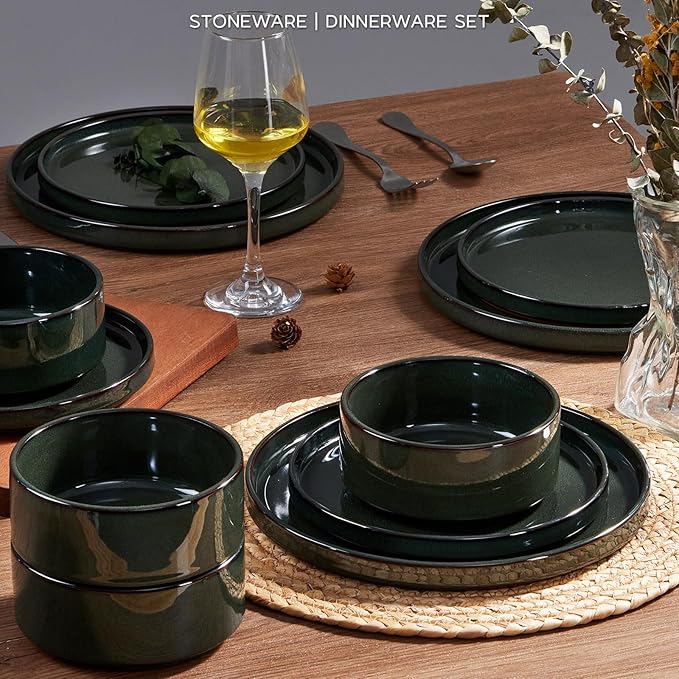 Onader Stoneware Dinnerware Sets for 4, Reactive Glaze Plates and Bowls Sets, Ceramic Dish Dinner Set with Rustic Terracotta Bottom, 12 Piece Elegant Dishware - Emerald Green