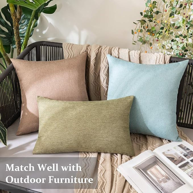 MIULEE Pack of 2 Decorative Outdoor Solid Waterproof Throw Pillow Covers Faux Linen Garden Farmhouse Cushion Cases for Patio Tent Balcony Couch Sofa 20x12 Inch Dark Green