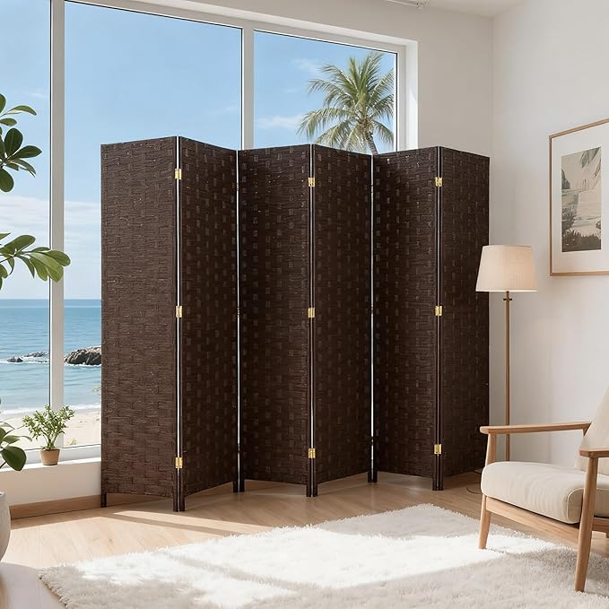 FDW Room Divider Wood Screen 6 Panel Folding Portable Partition Screens Wooden Mesh Woven Design for Home Office (Dark Brown)
