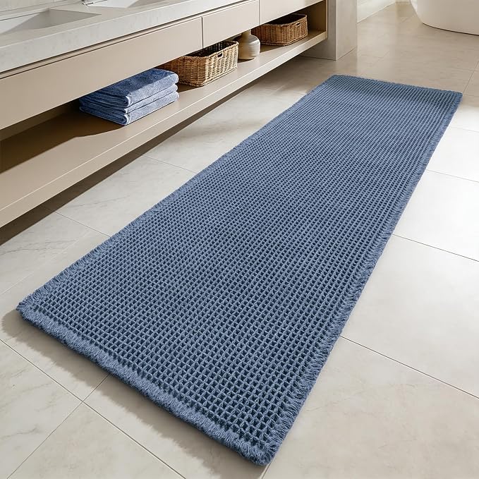 MIULEE Waffle Bathroom Runner Rugs, Super Absorbent Non Slip Bath Rug, Upgraded Soft Quick Dry Washable Boho Long Bath Mat with Tassels for Hallway Laundry Room Bedroom, 17"x48", Blue
