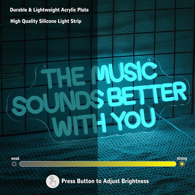 "The Music Sounds Better With You" Neon Sign Music Neon Light for Wall Decor Letter LED Neon Sign Blue Led Neon Light for Bedroom Studio Record Shop Decoration