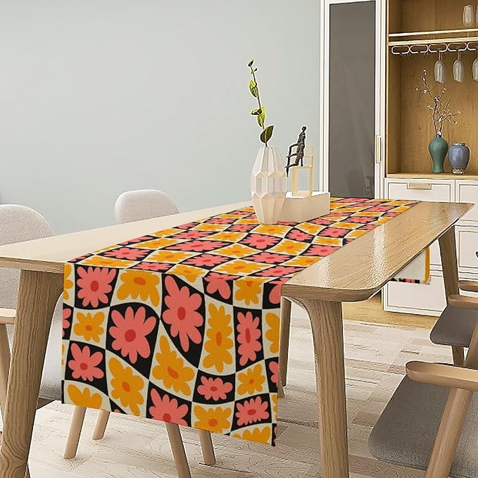 Retro Floral Checkered Table Runner 60s 70s Vintage Flower Twisted Colorful Groovy Trendy Hippie Grid Farmhouse Country Dinner Runner for Home Kitchen Dining Table Party Holiday Decor 13"x70"