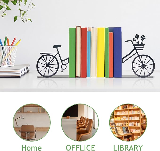 Bicycle Bookends Metal Bike Decor Bicycle Book Ends for Shelves Bookshelf Decorative Objects Home Office Desk Gifts for Family（Black）