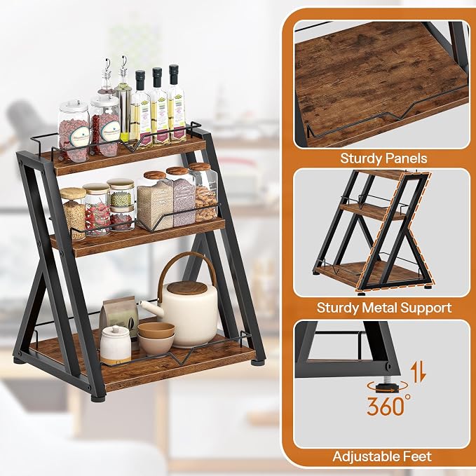 HOOBRO 3-Tier Kitchen Spice Rack, Kitchen Countertop Shelf, Desk Shelf Organizer, Dresser Top Storage Rack, for Office, Living Room, Bathroom, Rustic Brown and Black BF10TL01
