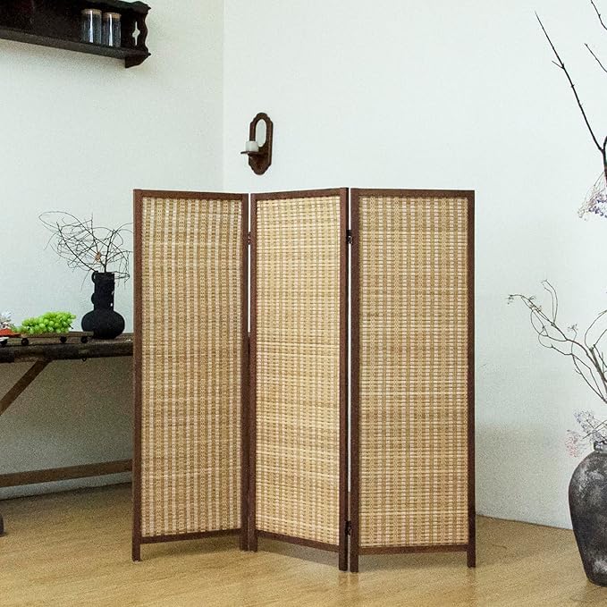 3 Panel Short Room Divider – 3.9 ft Tall Double-Side Folding Privacy Screen, Natural Brown Bamboo Partition Wall for Home Office, Living Room & Corner Spaces