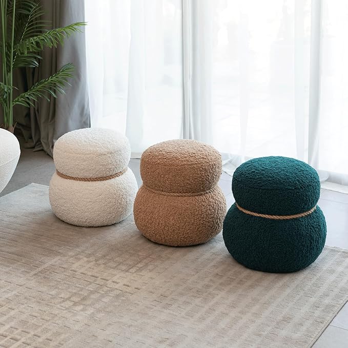 14.56" Snowman Shape Ottoman, Small Foot Stool, Cute Teddy Pouf Footrest, Foot Rest for Couch Sofa, Modern Soft Round Boucle Ottoman Under Desk for Living Room,Apartment,Small Space (Brown)