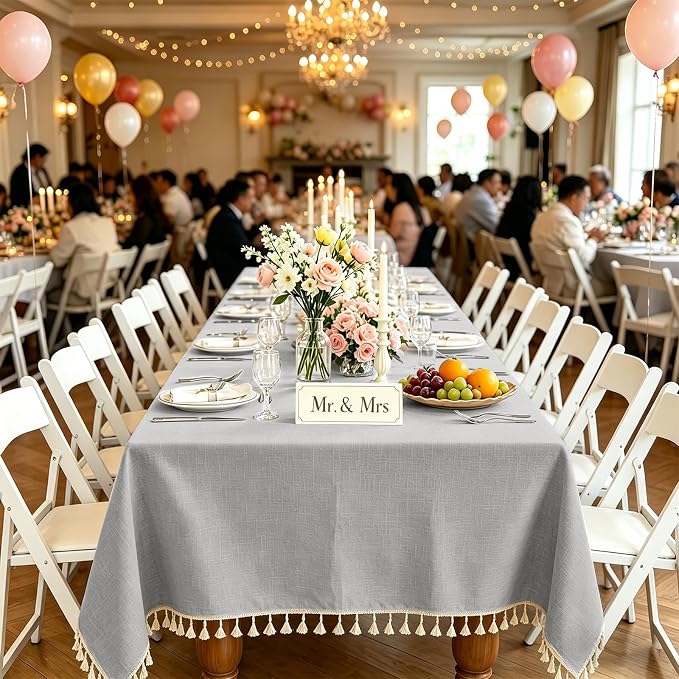 Alsoo Table Cloth Rectangle Table Heavy Duty Cotton Linen Texture Tablecloth Farmhouse Spill Proof Wrinkle Free Tables Cover with Tassel for Kitchen Dining Holiday Party, Light Grey, 55" x 120"