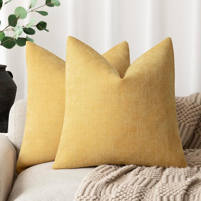 Foindtower Pack of 2 Soft Textured Chenille Throw Decorative Pillow Covers Square Accent Solid Cushion Cover Cozy Neutral Farmhouse Pillow Case for Couch Sofa Bed Living Room 20x20 Inch,Light Yellow
