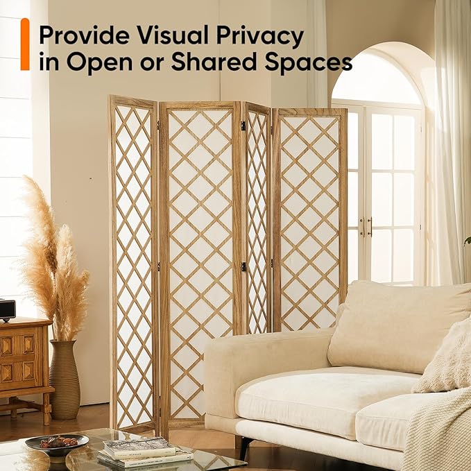 Decorative Japanese Shoji Screen Room Divider, 4-Panel Diamond Lattice Partition, Lightweight Folding Privacy Screen for Bedroom, Beige, 67" H x 64" W