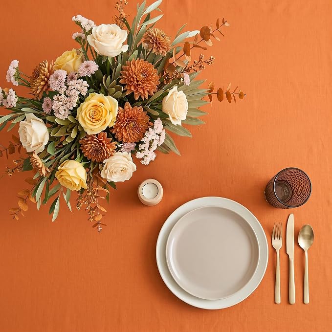 Solino Home Linen Tablecloth for Rectangle Tables 60 x 108 Inch - 100% Pure Linen Persimmon Orange Table Cloth - Fete, Machine Washable Cloth Tablecloth for Summer