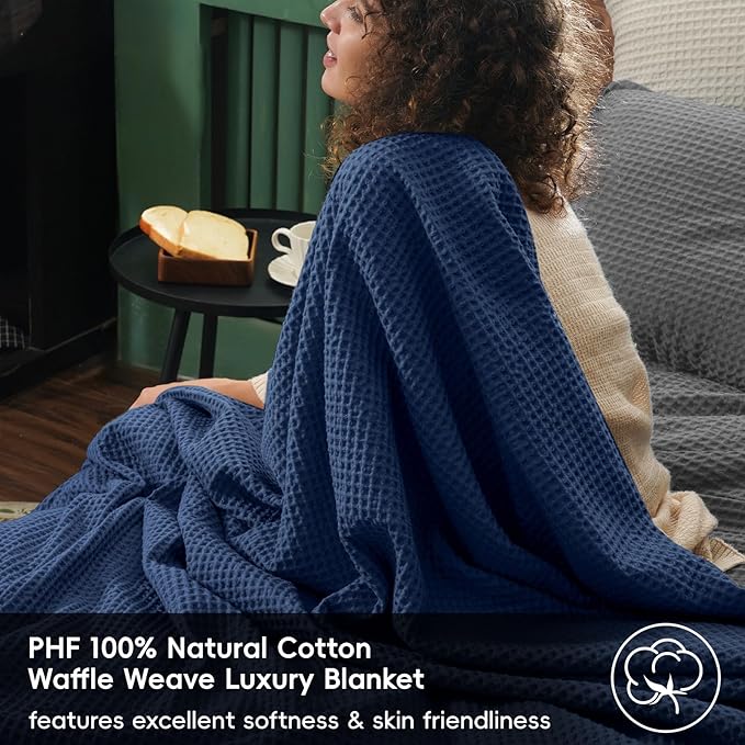 PHF 100% Cotton Waffle Weave Family Blanket Oversized King 120"*120", Pre-Washed Lightweight Breathable, Machine Washable,10'x 10' Huge Extra Large Big, Home Decoration Gift - Navy Blue/Bright Blue