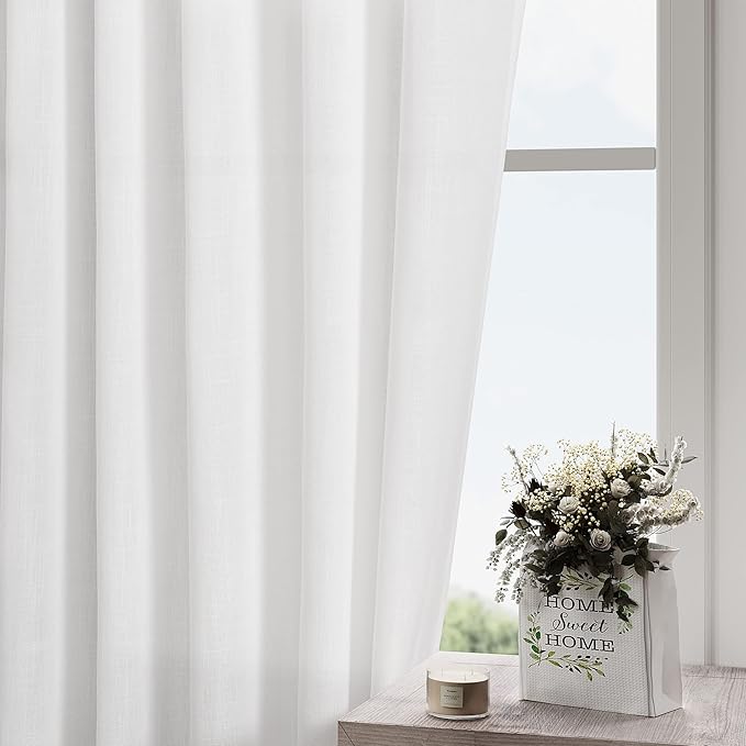 Nanspring White Semi Sheer Linen Curtains for Living Room 2 Panels Set Back Tab Rod Pocket Modern Farmhouse Coastal Decor Linen Textured Gauze Curtains for Dining Room Office Kitchen 52x69