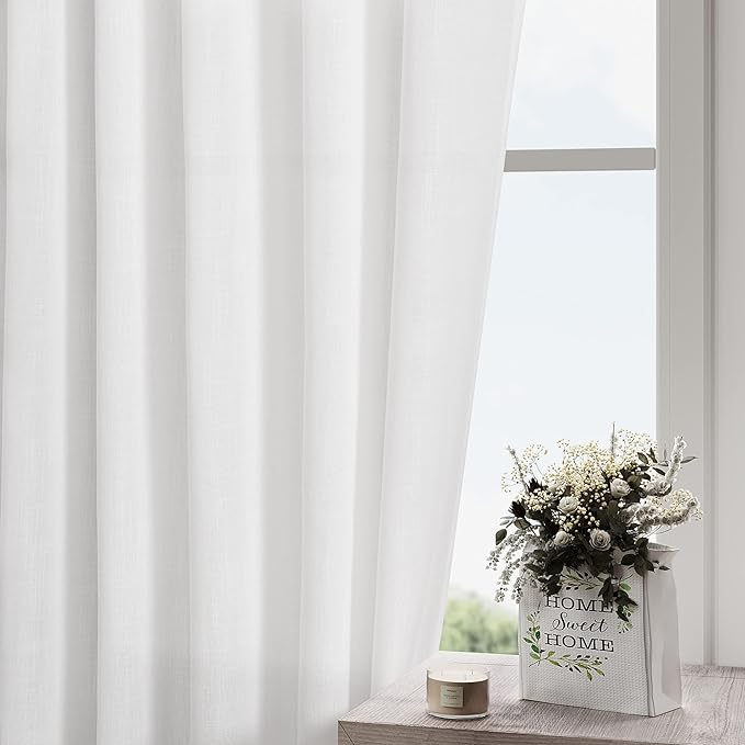 Nanspring Linen White Curtains 118 Inch Extra Long for Living Room Back Tab Light Filtering Semi Sheer Drapes Farmhouse Decor Linen Textured Curtain for Floor to Ceiling Window 2 Panels Set 52x118
