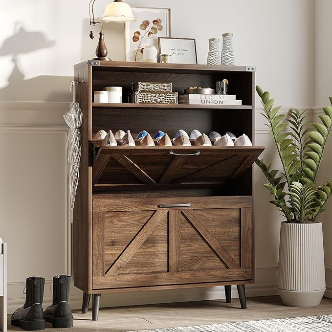 Halitaa Shoe Cabinet with 2 Flip Drawers & Open Storage,Farmhouse Shoe Storage Cabinet for Entryway,Freestanding Narrow Organizer Rack with Legs,Foyer,Hallway,Dark Walnut