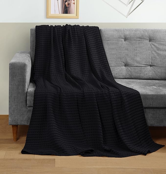 Utopia Bedding 100% Cotton Waffle Weave Blanket Queen Size for Bed - Lightweight, Breathable Summer Blankets Soft and Cozy, Gift for Mother’s Day Home Decor (Black, 90x90 Inch)