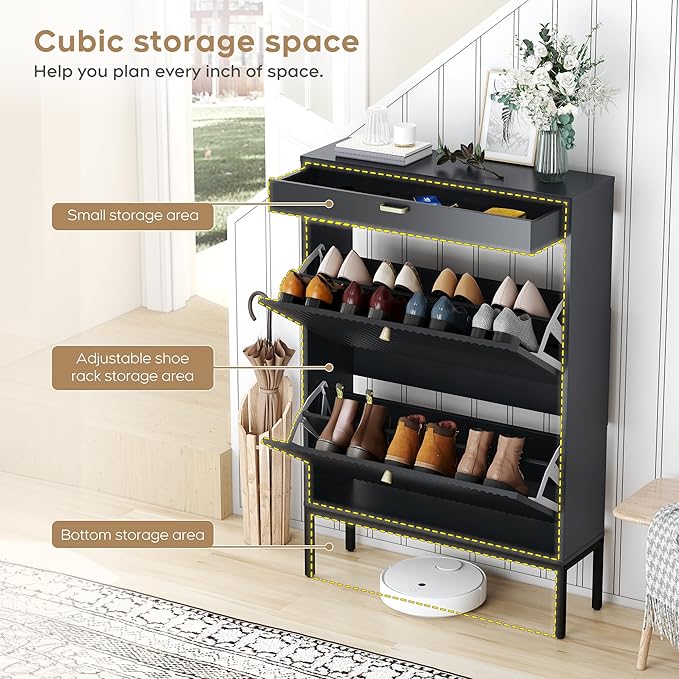 Brafab Shoe Rack Storage Organizer, Shoe Storage Cabinet with 2 Flip Drawers&1 Small Drawer, Slim Entryway Shoe Organizer with Fluted Panel Doors,Dark Black