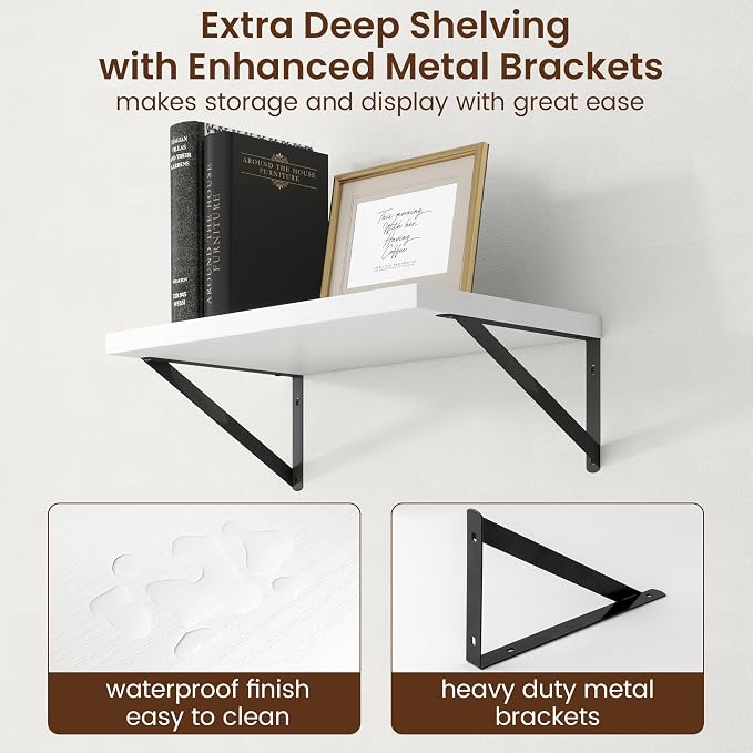 Axeman Deep Floating Shelves - 20 Inch White Floating Shelves Set of 2-12 Inch Deep Wood Wall Shelves for Living Room Bathroom Kitchen