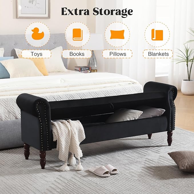 Storage Bench for Bedroom King Size, 67" End of Bed Storage Bench, Upholstered Tufted Storage Ottoman Benches, Velvet Bench with Storage and Arms for Bedroom, Living Room, Entryway, Black