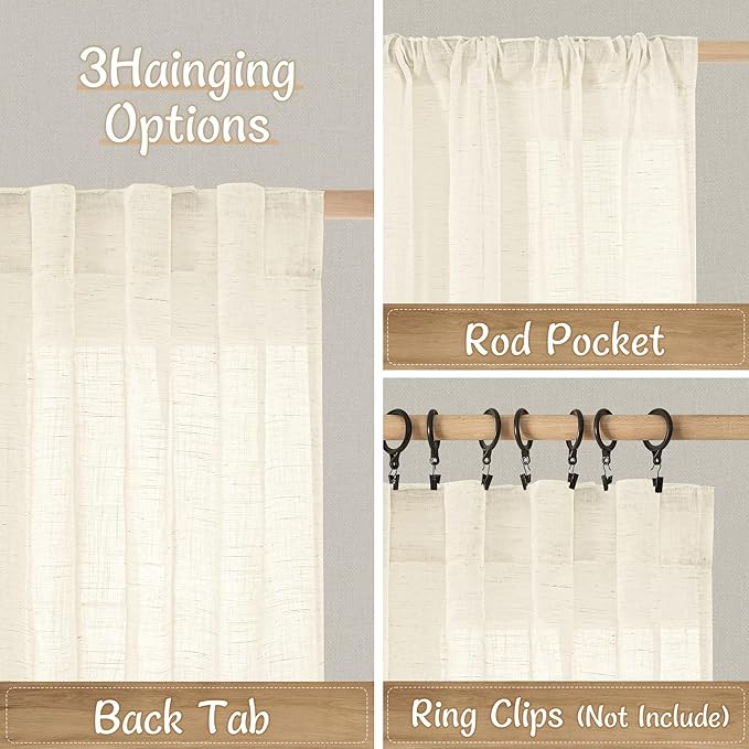 LAMIT Beige Sheer Linen Curtains 48 Inch Length, Light Filtering Short Kitchen Window Drapes Back Tab and Rod Pocket Neutral Farmhouse Panels for Bedroom/Cafe, 2 Panels, 34 x 48 Inch
