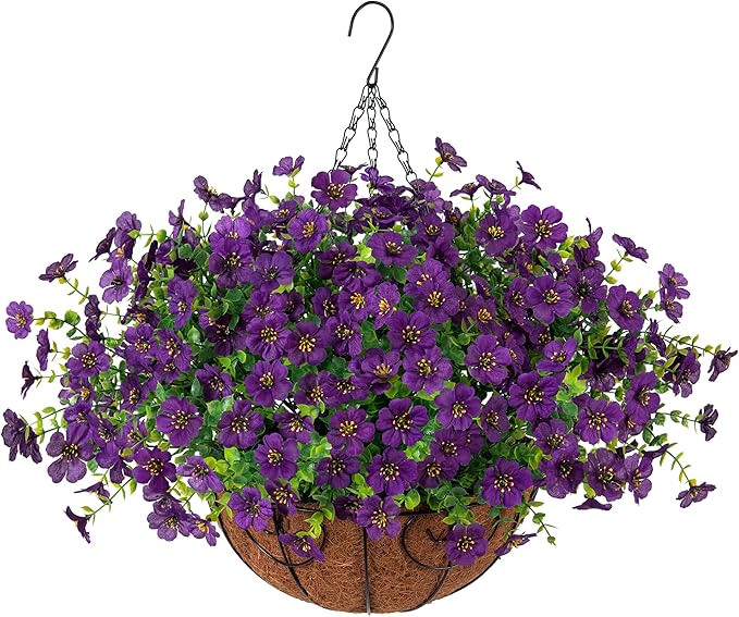 HyeFlora Artificial Fake Hanging Plants Flowers with Basket Outdoor Decor Faux Silk Dasiy Flower Arrangements in Pot Planter for Porch Home Indoor Patio Garden Yard Decoration