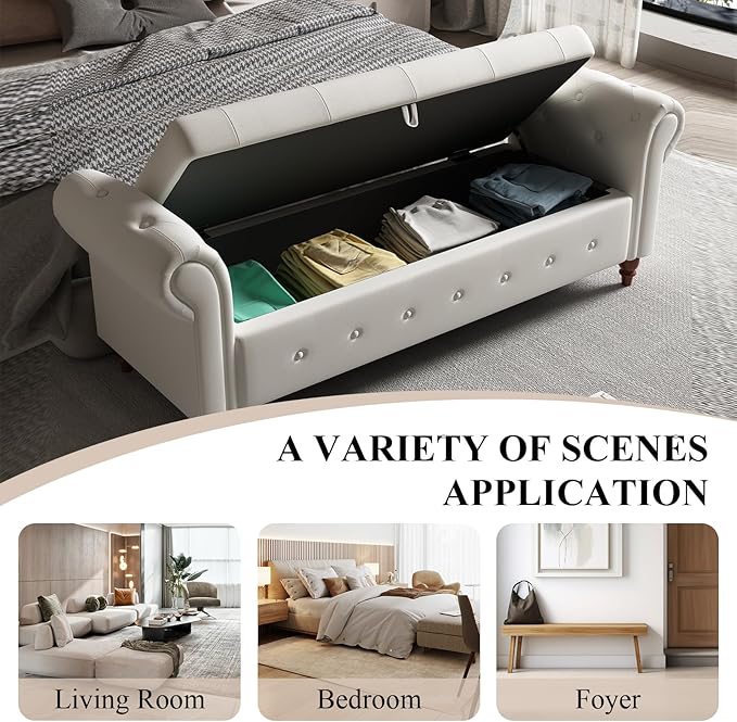 Modern 63'' Storage Ottoman Bench, Upholstered End Bed Bench with Curved Armrest, Button Tufted Entryway Bench with Wood Legs, Bed Bench for Bedroom, Living Room, Hallway (Beige)