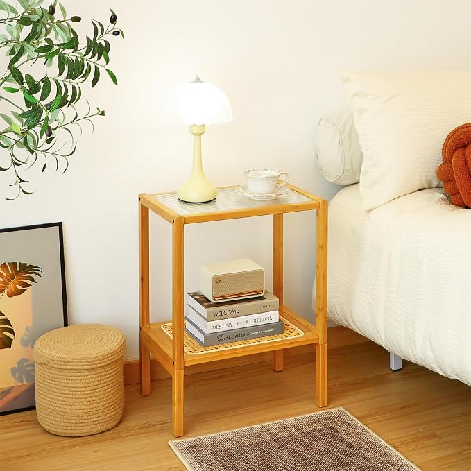 2-Tier Bamboo Side Table, Modern Glasstop Rattan Side Table, Mid Century Wood Sofa-Side End Tables for Living Room, Bedroom Night Stand with Storage, Small Narrow Coffee Tables, Burlywood