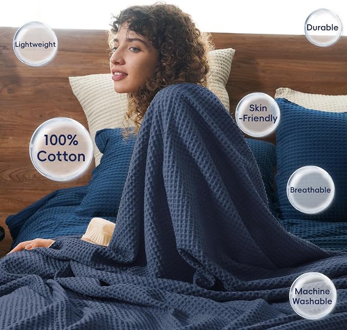 PHF Pre-Washed 100% Cotton Waffle Weave Blanket Queen Size for Bed,Snag Proof Throw Blanket for Couch Spring Summer Lightweight Breathable,Machine Washable, Home Decor Gift - Dark Navy
